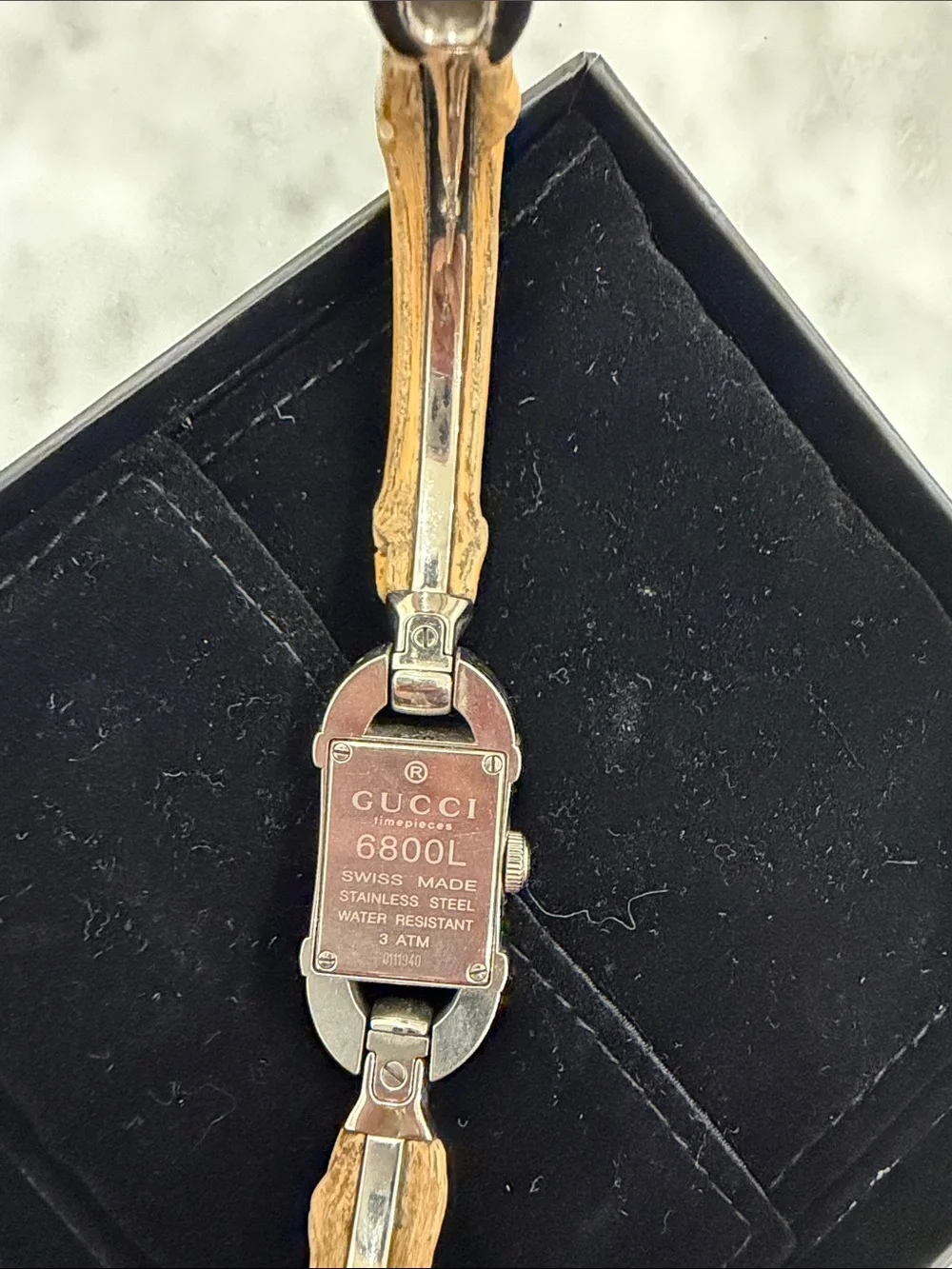 Gucci Bamboo-Style Tan Strap Silver Case Black Dial Watch